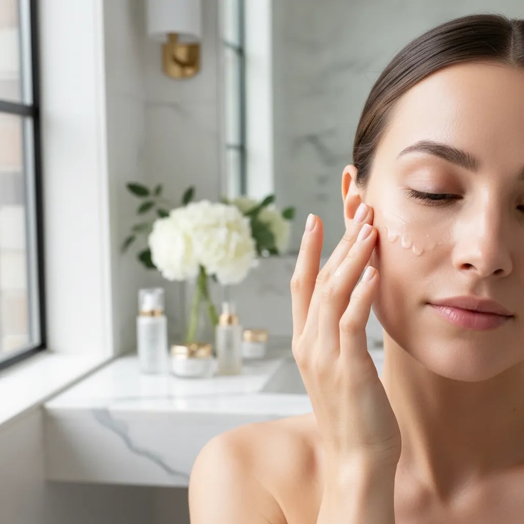Elegant woman applying luxury skincare in bright airy bathroom, clean natural light, white and marble tones