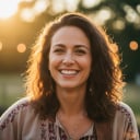 Priya, smiling woman with dark hair, warm natural light portrait